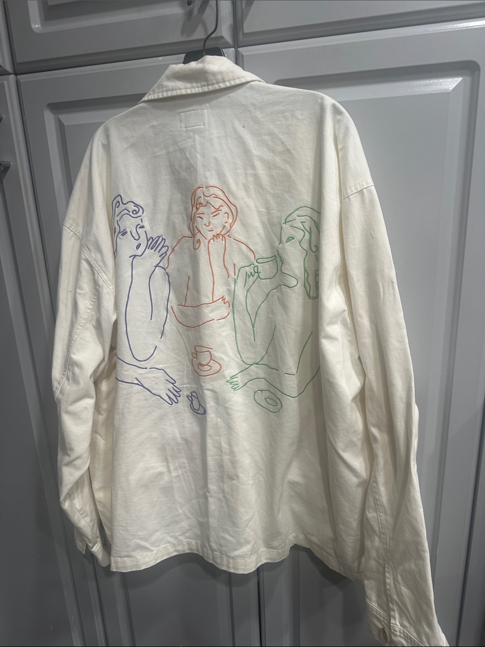 OBEY Abstract Cream Button-Up Jacket with Multicolor Line Art Sz XXL